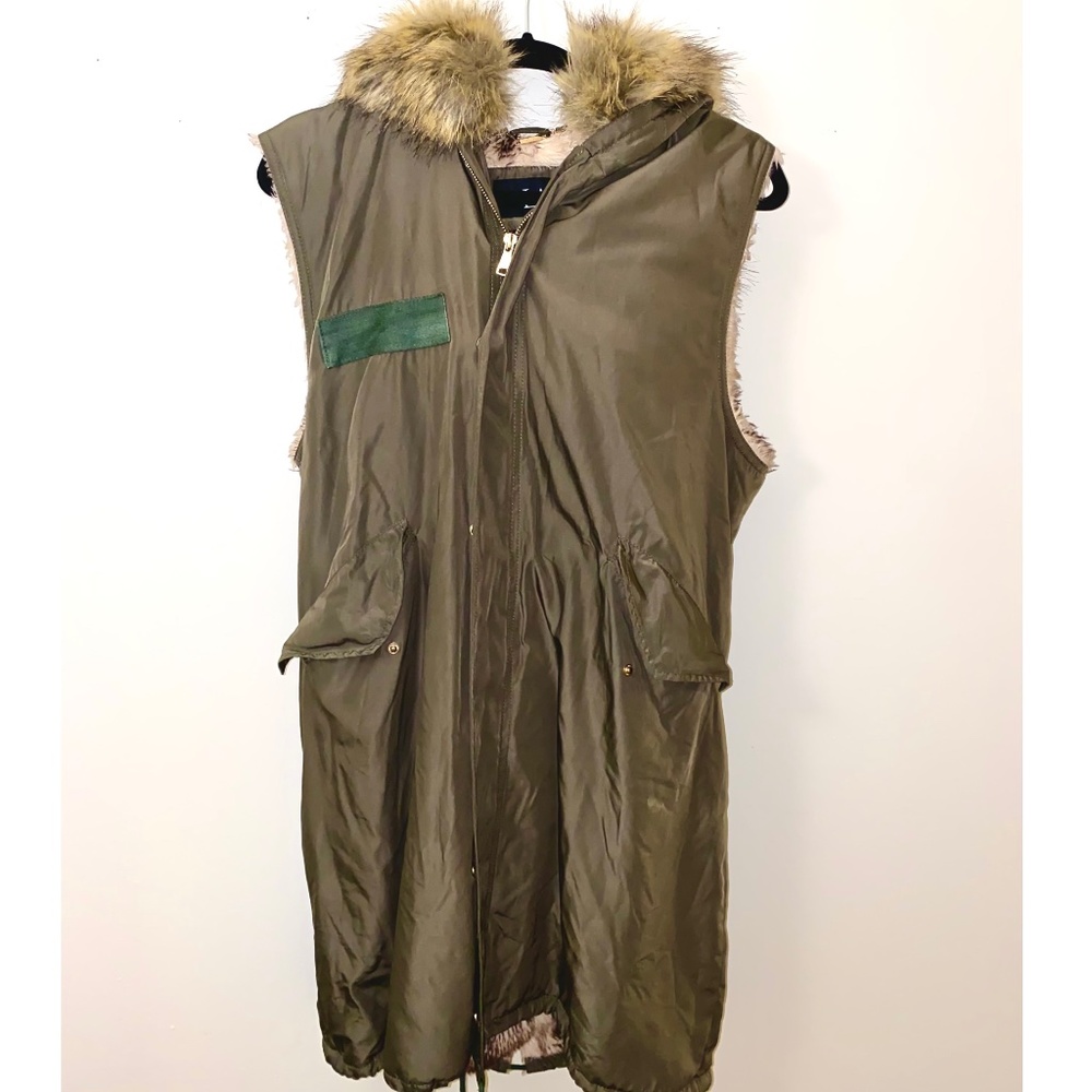 FUR-LINED WOMENS VEST OLIVE GREEN LARGE